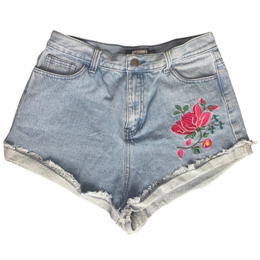 Missguided High Rise Denim Shorts Floral Embroidered Size 12
